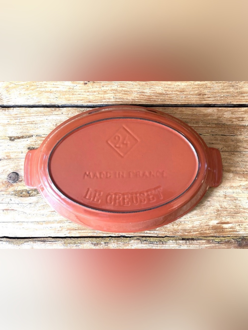 Vintage Le Creuset 24 Oval Au Gratin Dish Solid Burnt Sienna, Scalloped Handles